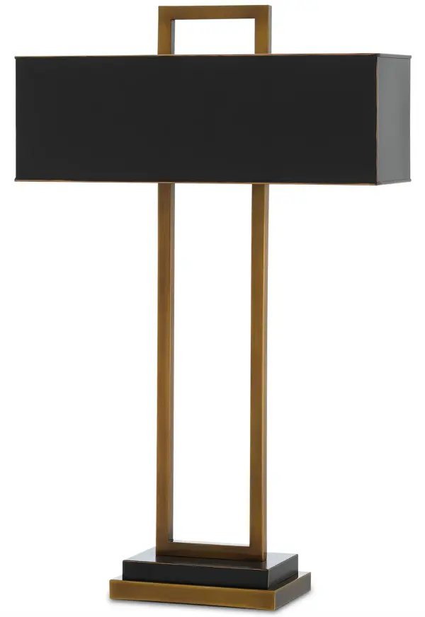 The Otto Table Lamp brings architectural sophistication with its rectangular geometric design and striking combination of antique brass and oil-rubbed bronze finishes. The intersecting metal shade creates visual interest.