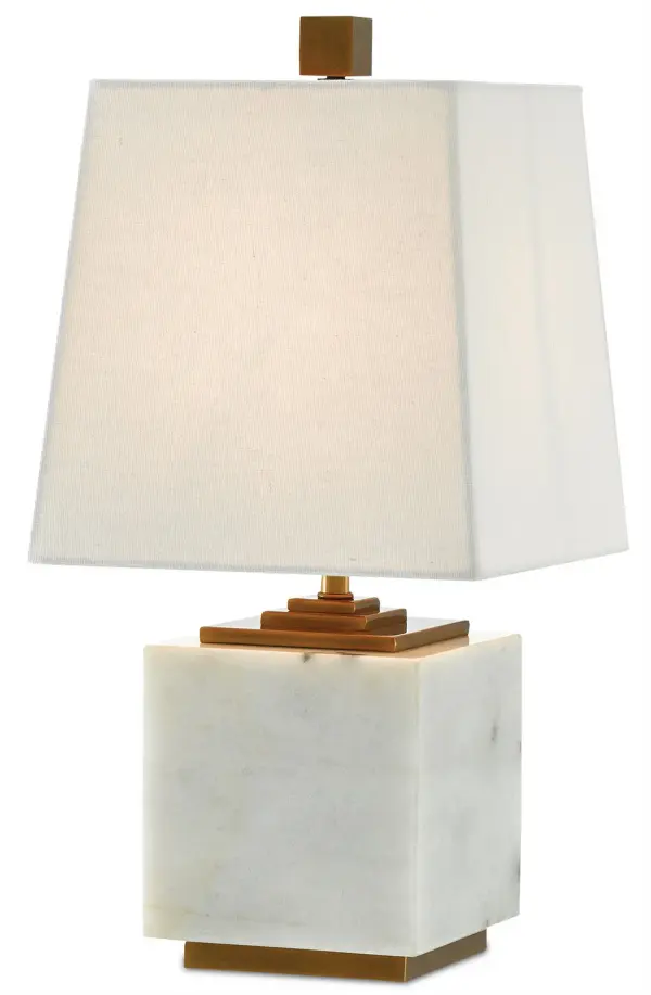 The Annelore combines natural white marble with warm antique brass accents for a sophisticated look that bridges traditional and contemporary styles. Its compact 8-inch footprint and refined proportions make it ideal for smaller surfaces.