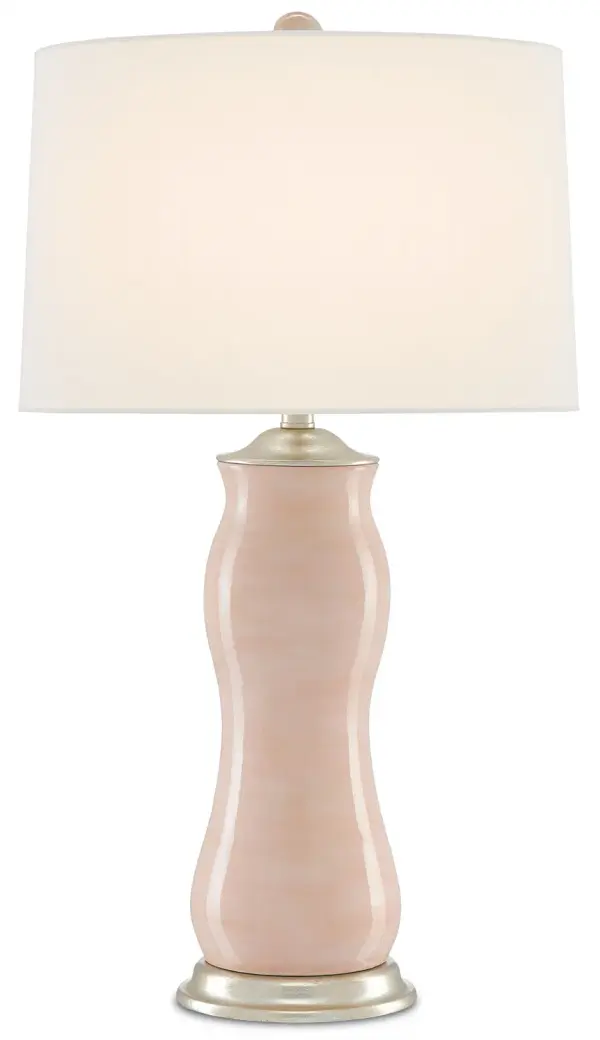 The Ondine brings sculptural elegance with its curvy terracotta body finished in soft blush glaze and silver leaf accents. The organic form and feminine color palette create a sophisticated focal point while the off-white shantung shade provides warm, diffused light.