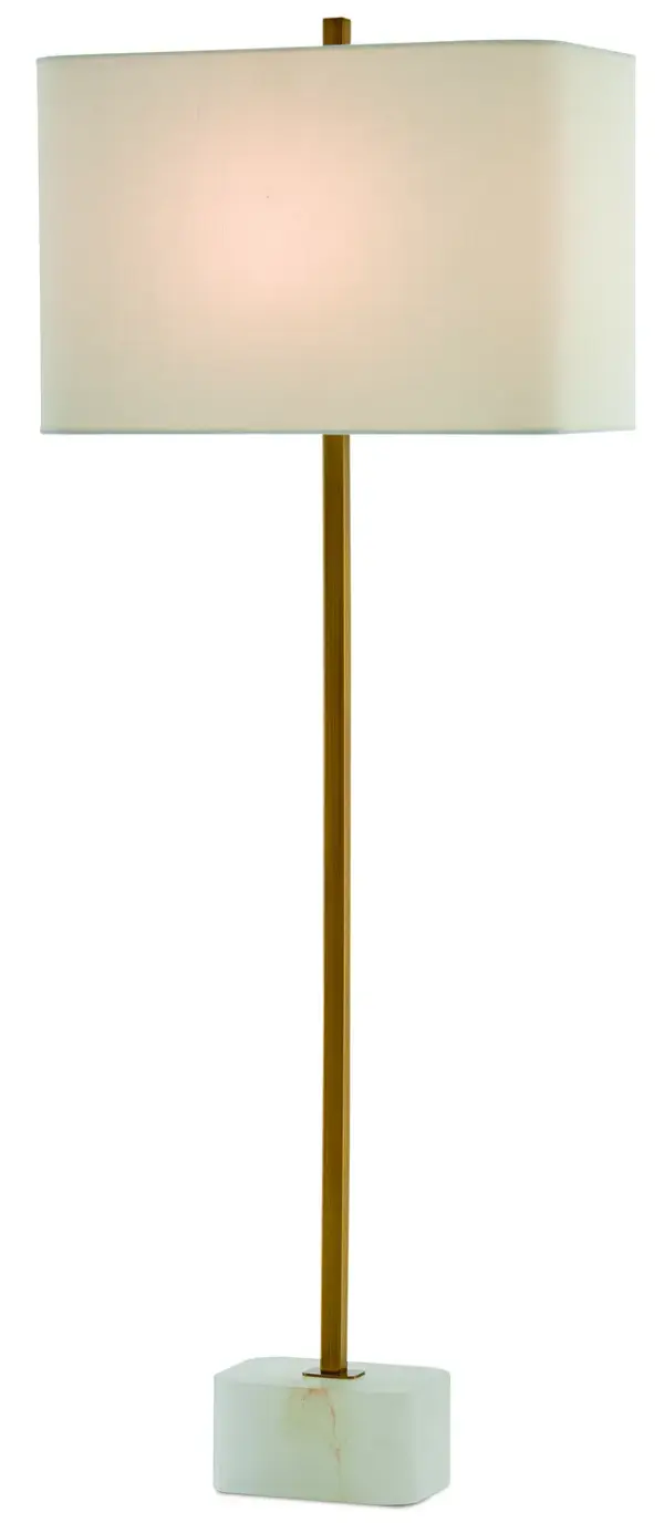 The Felix Table Lamp combines natural alabaster with antique brass in a sleek, minimalist design. Its slim profile and neutral palette make it versatile for modern interiors, while the natural stone veining adds organic character.