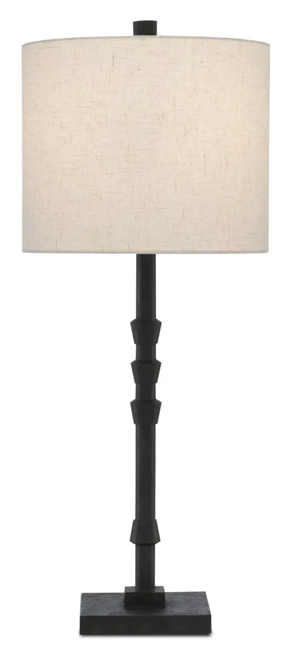 The Lohn Table Lamp has subtle ornamentations on its thin stem: up-turned fluted motifs point toward the beige poplin shade while a down-turned accent points toward the simple stacked base. These elements on the black table lamp are fashioned from cast-iron in a Mole black finish. Collection: Lohn Finish: Molé Black Glass: Beige Poplin Notes: CFL bulb included only to California. Width: 12.00" Height: 29.50" Length: 12.00" Weight: 12.00 lb Wire: 8'Clear Silver Number of Bulbs: 1 Maximum Wattage: 150.00 W Bulb Type: A Bulb Base: E26 Voltage: 120.00 V Material: Cast Iron Country of Origin: China Safety Listing: UL/cUL Safety Rating: Dry Switch: 3-Way Turn Knob Manufacturer Warranty: Warrants products for 1 yr against defects in materials & workmanship