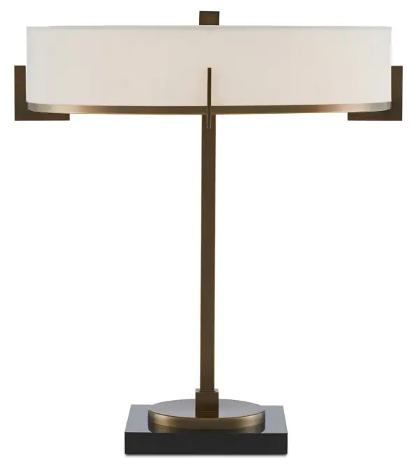 The Jacobi combines classic materials with modern geometry. Its brushed brass finish and black marble base create sophisticated contrast, while the off-white shantung shade provides warm, diffused light.