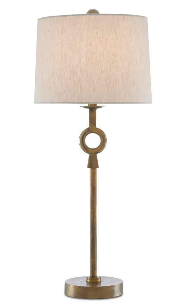 The Germaine Table Lamp combines a sculptural antique brass stem with a warm natural flax shade, creating a sophisticated accent piece that bridges traditional and contemporary design sensibilities.