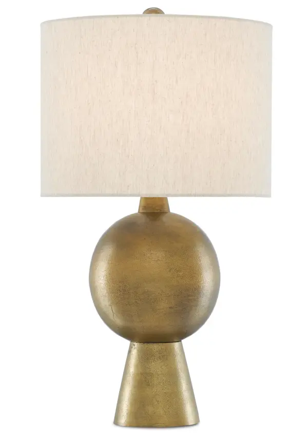 The Rami table lamp combines handcrafted antique brass finish with a natural flax shade for warm, sophisticated lighting. Its 27-inch height and 3-way switch make it versatile for reading or ambient light.