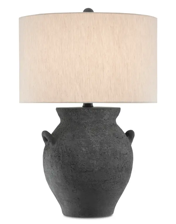 The Anza Table Lamp brings artisanal character with its handcrafted terracotta body in a textured black ash finish. The classic ginger jar shape with decorative handles offers timeless appeal, while the natural linen shade softens the look.