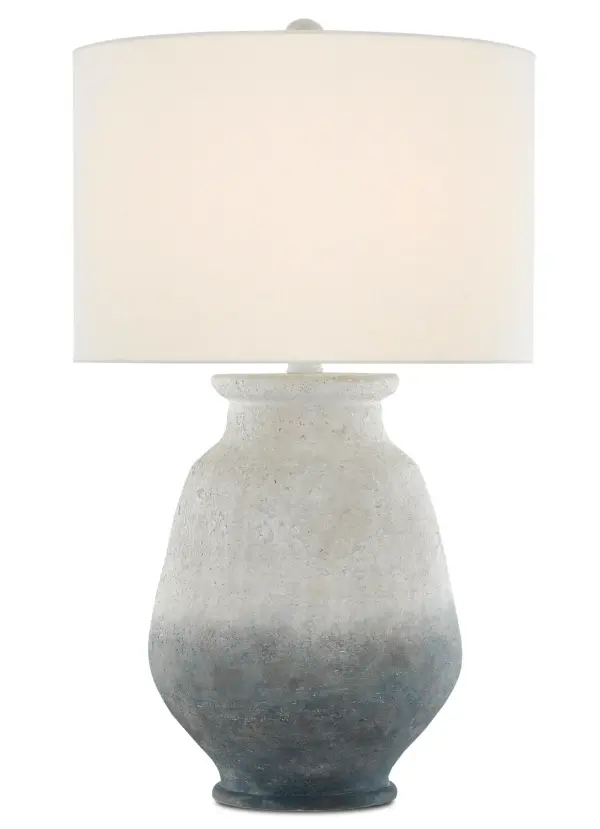 The Cazalet brings coastal sophistication with its hand-finished terracotta body featuring a graduated smoky blue to ash ivory patina. At 30.75 inches tall, it provides substantial presence while the off-white linen shade softens the light beautifully.
