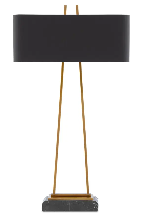 The Adorn Table Lamp combines antique brass metalwork with a sophisticated black marble base and gold-lined shade. Its slim profile and dual-light design make it ideal for adding refined ambiance to living spaces and bedrooms.