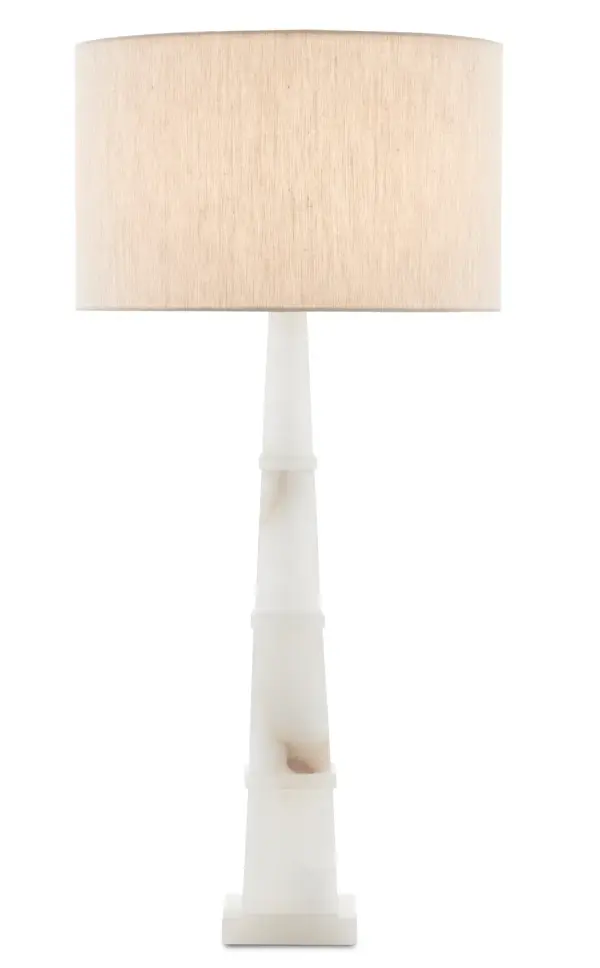 This elegant table lamp showcases stacked alabaster in an obelisk silhouette, creating a sophisticated focal point. The translucent stone reveals beautiful natural veining, while the natural linen shade softens the light for ambient warmth.