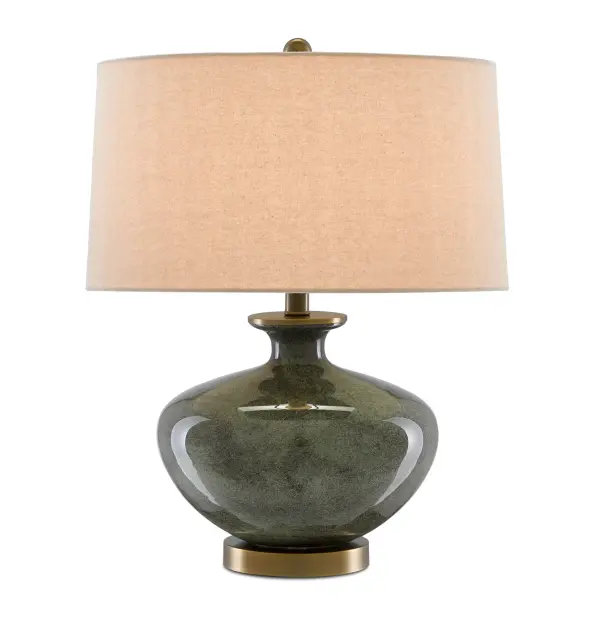 The Greenlea brings nature-inspired elegance with swirling dark gray and moss green glass paired with warm antique brass accents. Its compact 17-inch width and natural linen shade make it versatile for traditional and contemporary spaces alike.