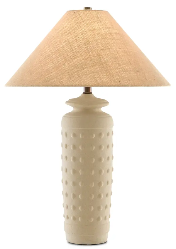 The Sonoran Table Lamp brings organic warmth with its hand-pressed circular texture and matte sand finish. The natural burlap shade complements the earthy terracotta base, creating a relaxed, coastal-inspired aesthetic perfect for casual living spaces.