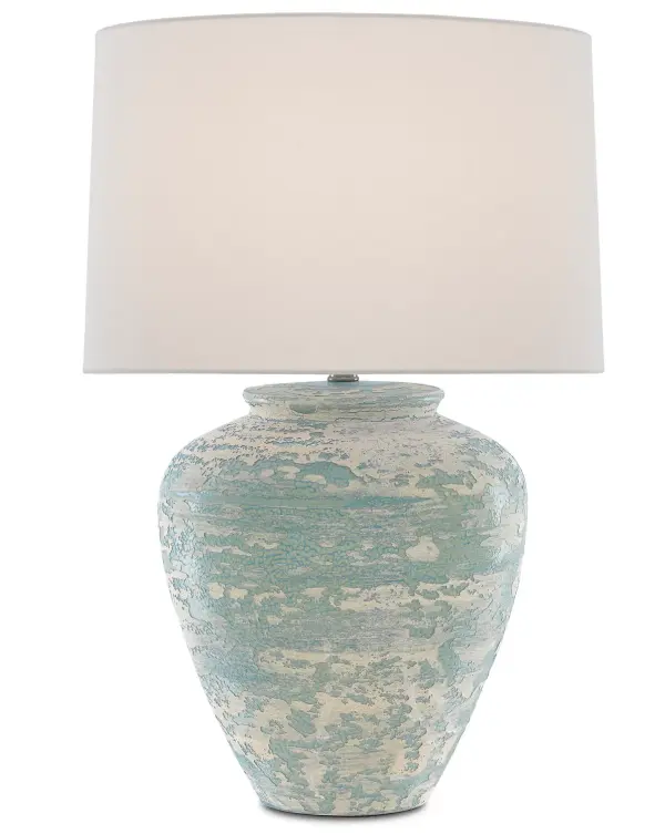 A charming ceramic table lamp featuring a traditional ginger jar silhouette with aqua and cream glazed finish. The textured patina and coastal color palette bring relaxed elegance to bedrooms and living spaces.