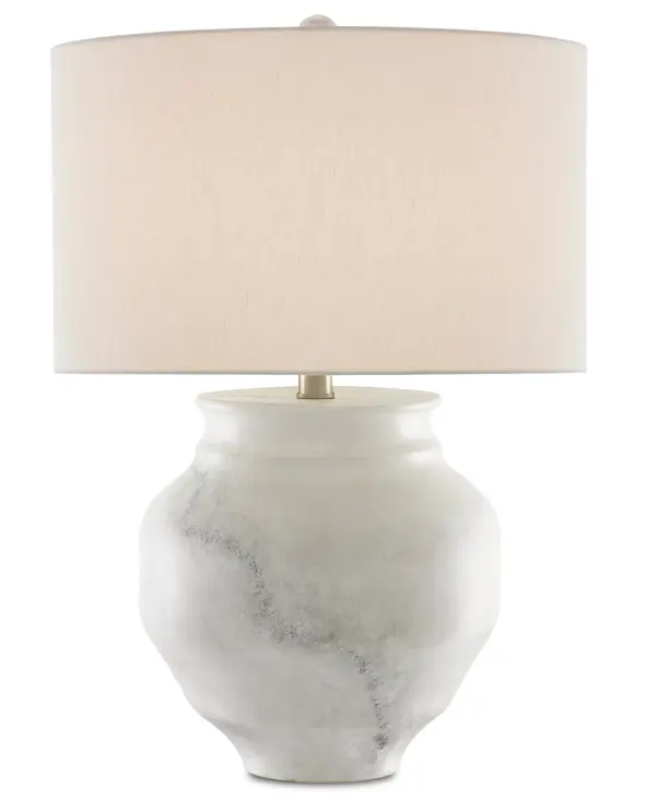 The Kalossi brings sophisticated texture to any space with its hand-applied marble-like patterning on terracotta. The substantial 26-pound base provides stability, while the neutral white and gray palette complements diverse interiors.