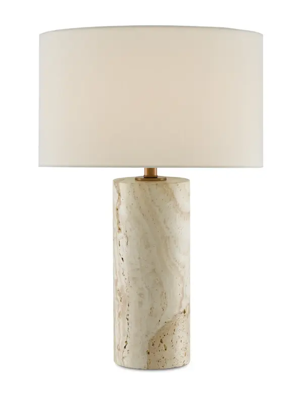 The Vespera brings sophisticated natural beauty with its tall travertine marble column and warm antique brass accents. Each lamp is unique due to natural stone veining, making it a statement piece for transitional and contemporary interiors.