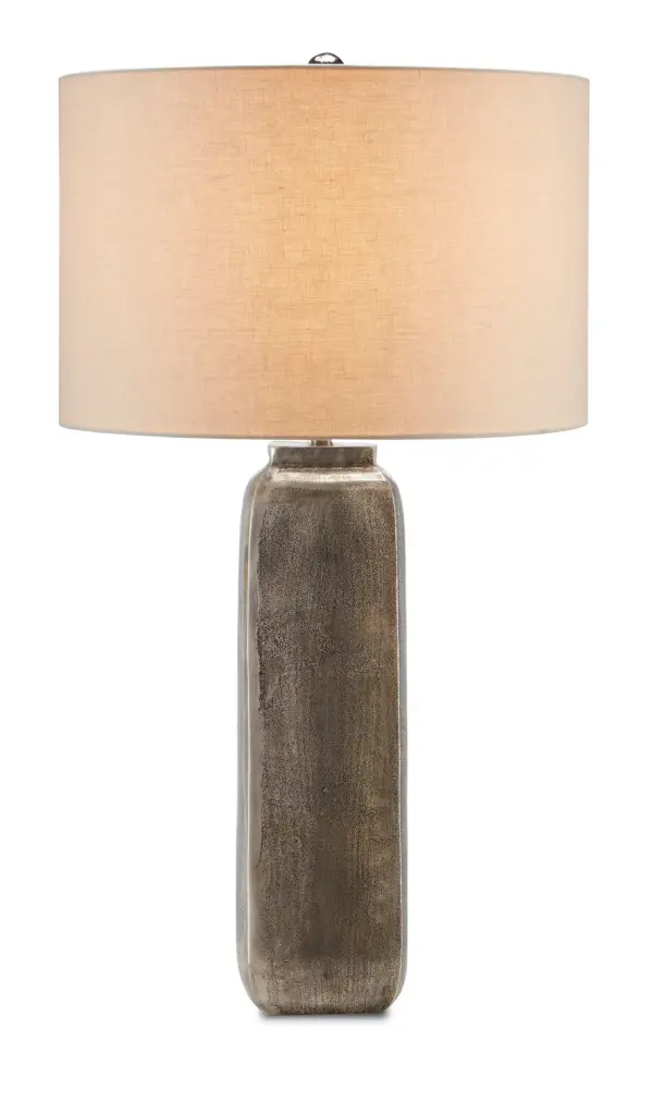 The Morse Table Lamp showcases exceptional finish artistry with its oxidized nickel aluminum body that mimics ceramic or glass. At 32.5 inches tall with an 18-inch diameter, it provides substantial presence and ambient lighting for living spaces and bedrooms.