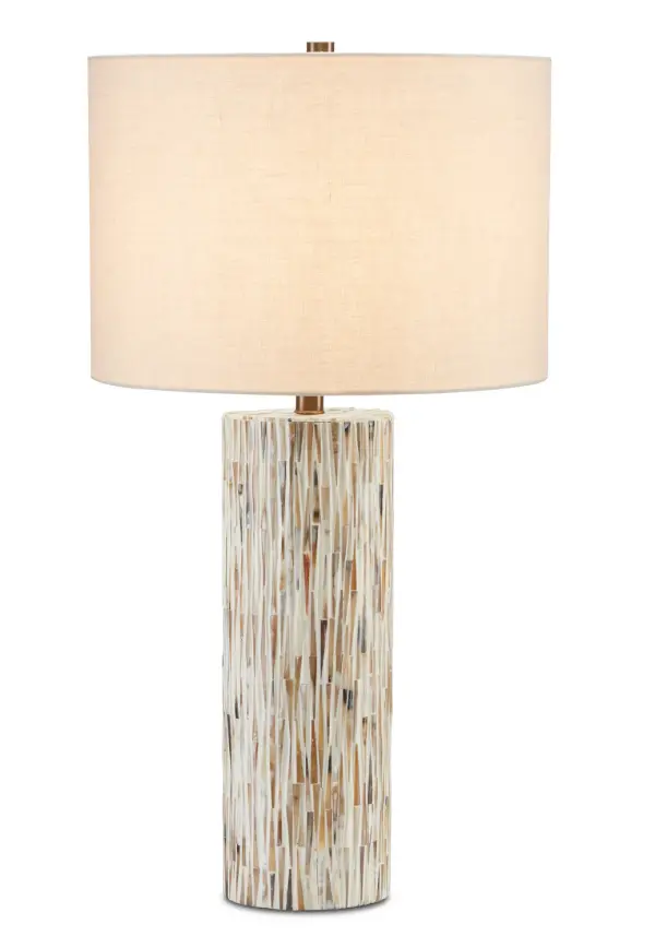 The Aquila brings organic sophistication with its hand-applied bone mosaic over a cylindrical composite base. The natural material variation creates visual interest while the antique brass accents add warmth. At 29.5 inches tall, it's perfectly scaled for living spaces and bedrooms.