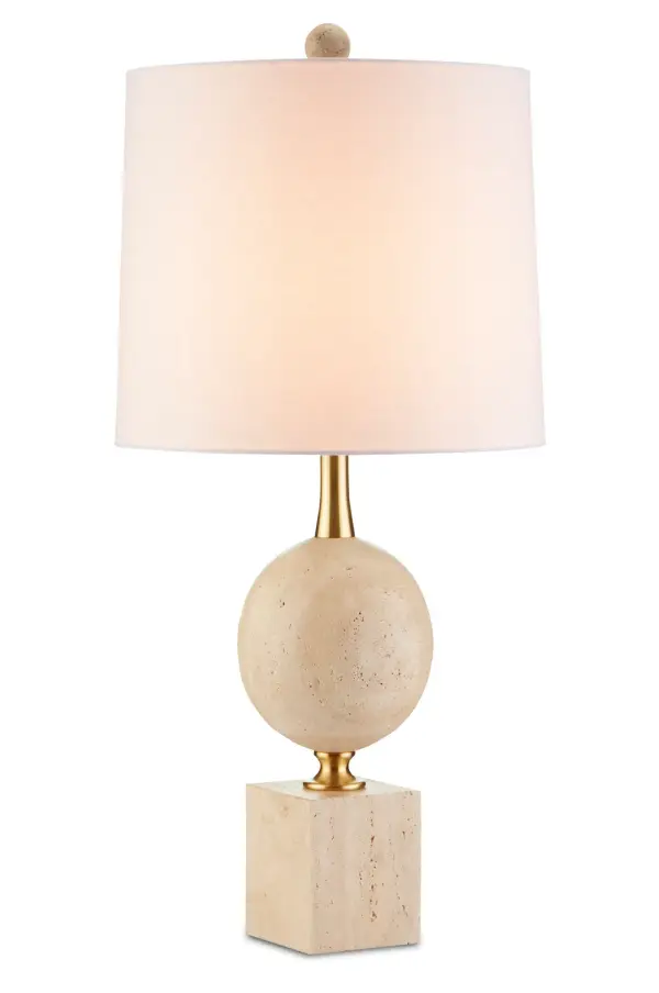 A sophisticated table lamp that balances natural stone beauty with contemporary design. The stacked travertine marble shapes connected by antique brass elements create visual interest while maintaining clean lines. Each lamp is unique due to natural stone variations.