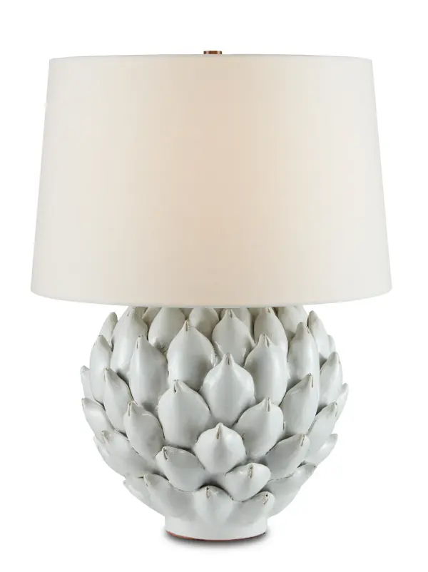 This oversized ceramic table lamp showcases exceptional craftsmanship with hand-applied artichoke-inspired leaves. The sculptural form and soft antique white finish create a sophisticated focal point that bridges organic design with refined elegance.
