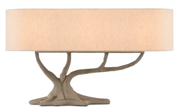 Made of concrete in the great faux bois tradition, the Cotswold Table Lamp is a soulful way to bring the beauty of nature indoors. Shaped like a Bonsai, the gray lamp has an elongated natural linen shade that is in perfect scale to the artful plant to which it is affixed. A design detail of note is how the artisan who created it truly captured the essence of the plant's fluidity. Collection: Cotswold Finish: Concrete Glass: Natural Linen Width: 30.00" Height: 17.00" Length: 10.00" Weight: 10.00 lb Wire: 6.5'Clear Silver Number of Bulbs: 3 Maximum Wattage: 40.00 W Bulb Type: A Bulb Base: E12 Voltage: 120.00 V Material: Concrete / Wrought Iron Country of Origin: Philippines Safety Listing: UL/cUL Safety Rating: Dry Switch: Rocker Switch Manufacturer Warranty: Warrants products for 1 yr against defects in materials & workmanship
