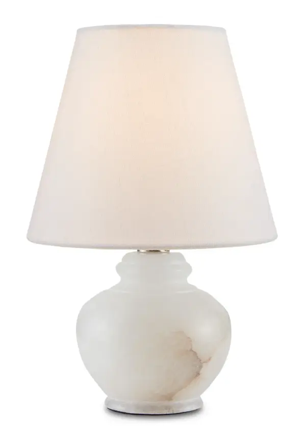 A beautifully crafted mini table lamp that delivers surprising luminosity from its compact 9-inch frame. The natural alabaster base glows warmly when lit, while the white linen shade softens the light. Perfect for adding ambient lighting to small spaces.