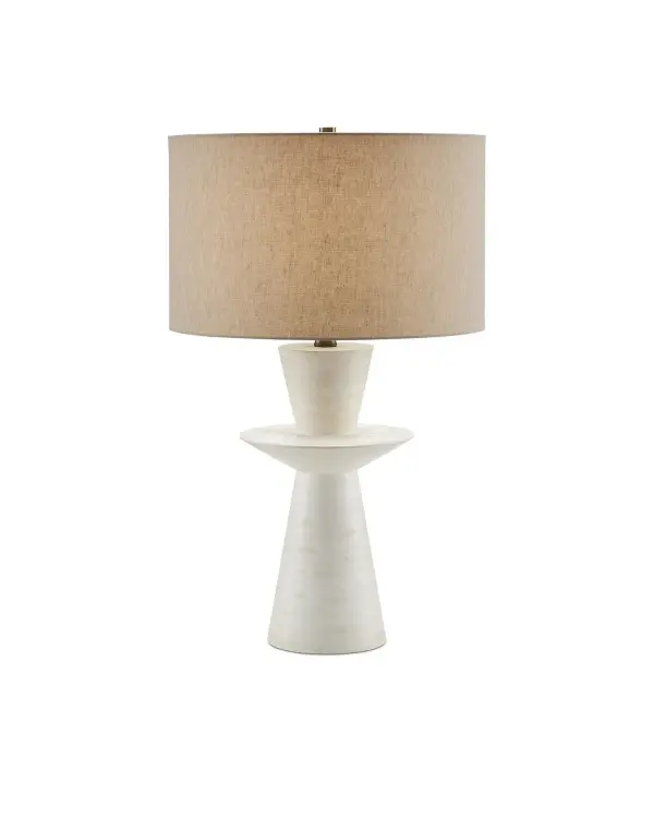 The Cantata brings handcrafted character to any space with its fluted wood body and distressed off-white finish. The natural linen shade and antique brass accents create a refined yet relaxed aesthetic perfect for transitional interiors.