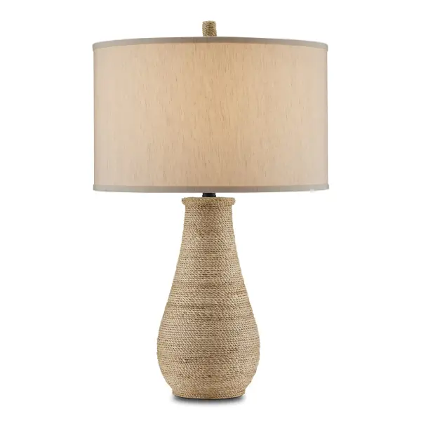 The Joppa Table Lamp showcases exceptional artisan craftsmanship with its tear-drop body wrapped entirely in natural abaca rope. The sturdy terracotta base ensures stability while the rope-wrapped finial adds refined detail.
