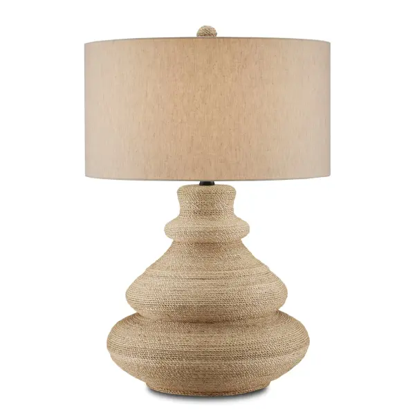 This sculptural table lamp showcases exceptional craftsmanship with cascading rounded forms wrapped entirely in natural abaca rope. The artisanal construction and organic texture bring warmth and coastal elegance to any space.