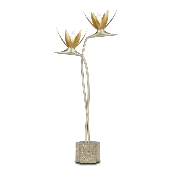The Paradiso table lamp transforms the Bird of Paradise plant into a striking sculptural piece with silver and gold leaf finishes. Its artistic design and unique abalone-infused concrete base make it a conversation-starting accent for contemporary interiors.