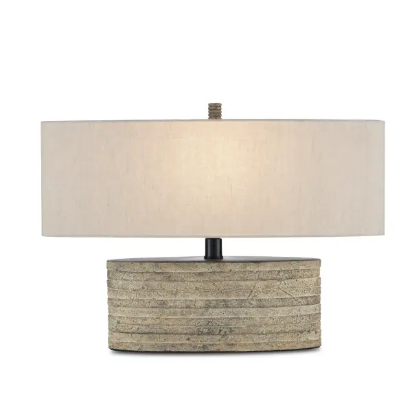 The Innkeeper brings organic warmth with its stacked terracotta discs and rustic granite finish. The oval silhouette and vanilla linen shade create a sophisticated yet earthy presence perfect for modern rustic interiors.
