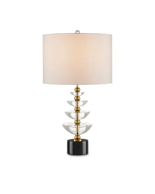 A striking contemporary table lamp featuring articulated optic crystal discs that create a waterfall effect when illuminated. The sophisticated design combines luxurious materials with modern symmetry for dramatic visual impact.