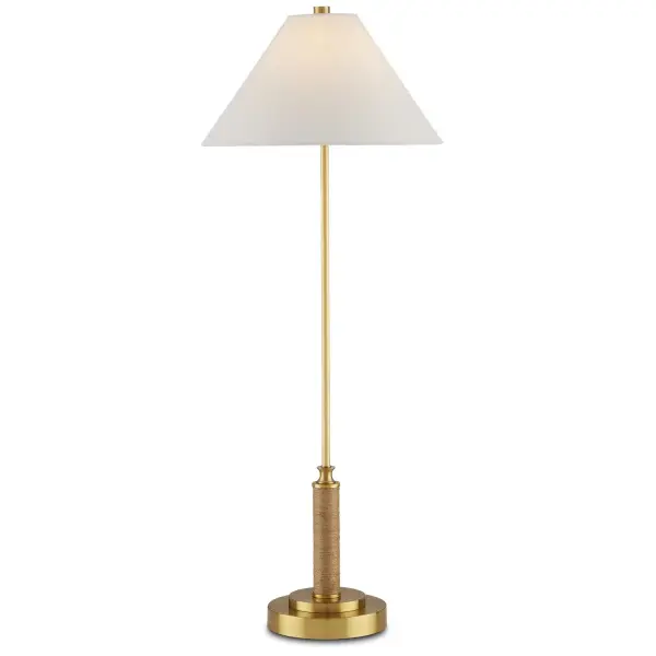 The Ippolito table lamp combines antique brass metalwork with natural jute rope wrapping for a sophisticated coastal aesthetic. Its slender 36.5-inch profile and neutral linen shade make it versatile for traditional and transitional interiors.