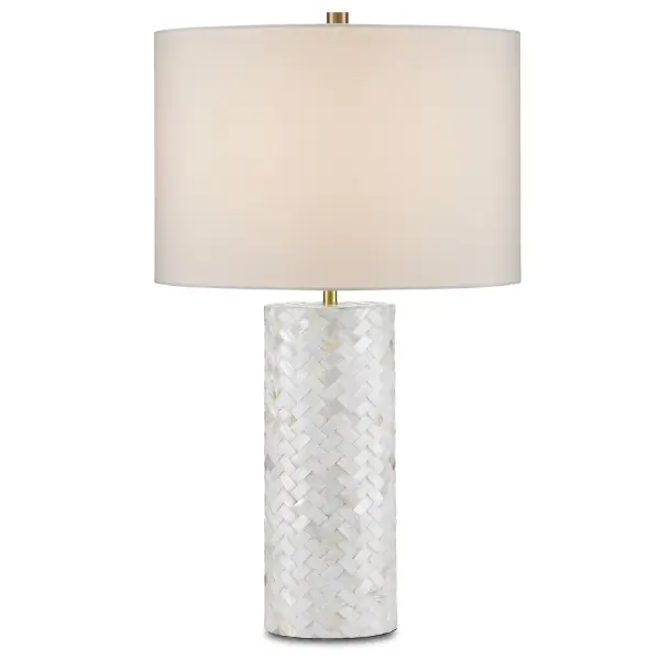 A stunning statement piece featuring hand-applied mother-of-pearl tiles that shimmer even when unlit. The natural shell's varying thickness creates rich texture, while gold accents complement the material's warm iridescence.