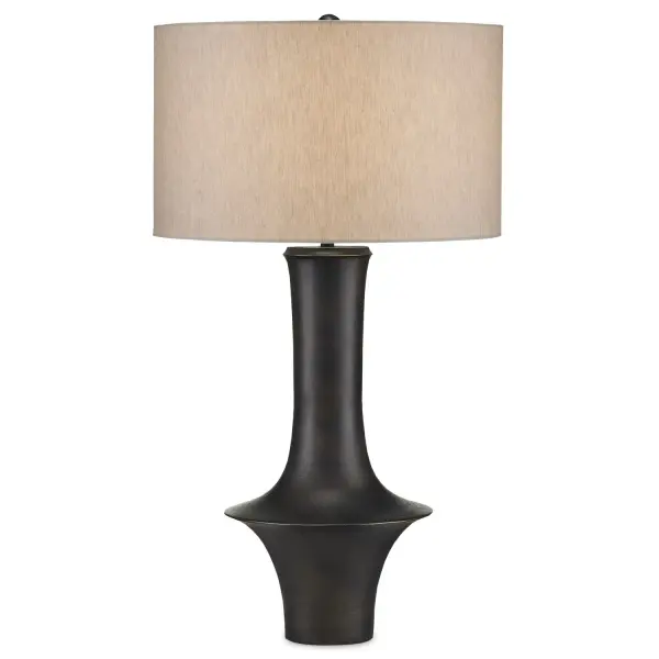 The Silvestri combines mid-century modern silhouette with industrial materiality through sandcast aluminum construction. Its flaring form and textured matte black finish create visual interest, while the natural linen shade softens the look.
