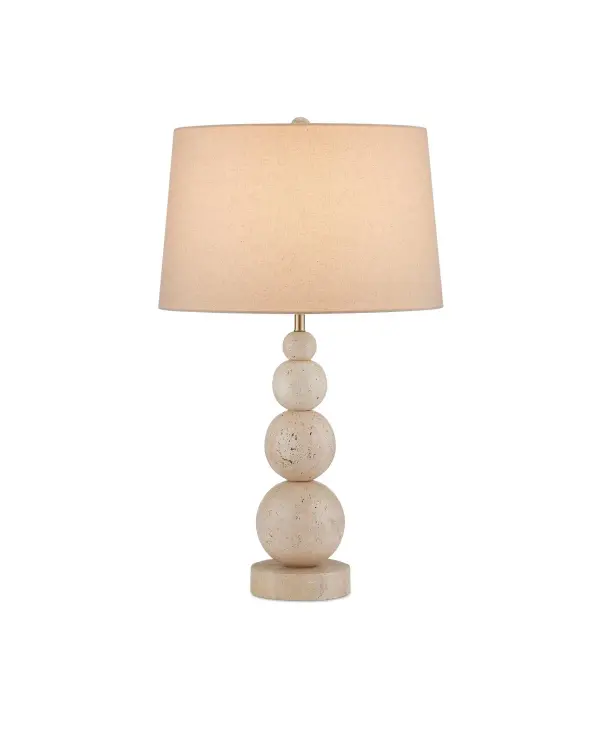 The Niobe Table Lamp showcases natural travertine in a whimsical stacked sphere design that brings organic texture and architectural interest to any space. Each lamp is unique due to natural stone variations.