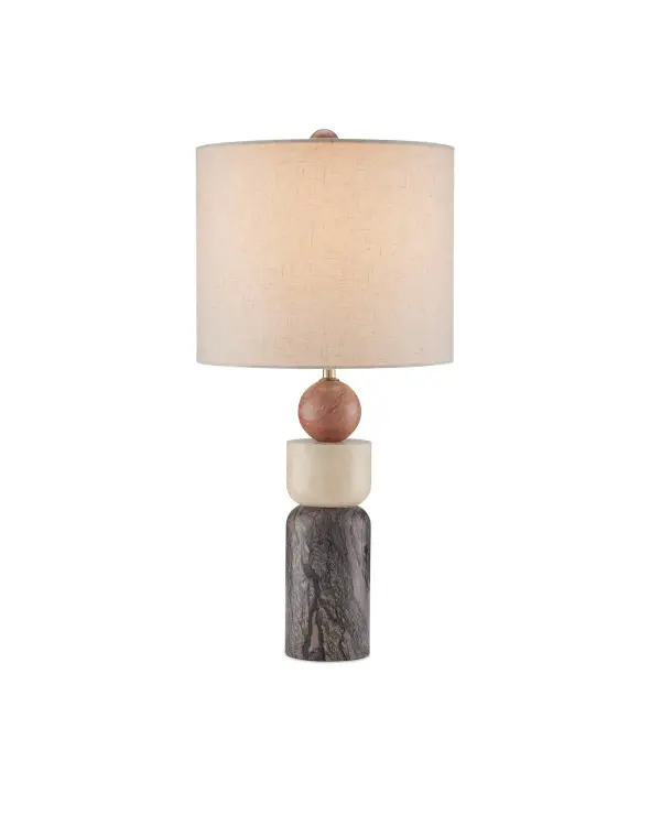 A delightfully geometric composition, the Morena Table Lamp is made of sections of Rosa Cappuccino Marble, Camello Neve Marble, and Breccia Marble. The multi-colored lamp is fitted with a beige poplin shade that is fastened with an orb finial, which matches the top Rosa Cappuccino marble ball. Because this contemporary lamp is made of natural stone, colors and patterns will vary. Collection: Moreno Finish: Natural Glass: Beige Popplin Width: 12.00" Height: 24.75" Weight: 15.00 lb Wire: 7'Clear Silver Number of Bulbs: 1 Maximum Wattage: 100.00 W Bulb Type: A Bulb Base: E26 Voltage: 120.00 V Material: Rosa Cappuccino Marble / Camello Neve Marble / Breccia Marble Country of Origin: India Safety Listing: UL/cUL Safety Rating: Dry Switch: 1-Way Turn Knob Manufacturer Warranty: Warrants products for 1 yr against defects in materials & workmanship