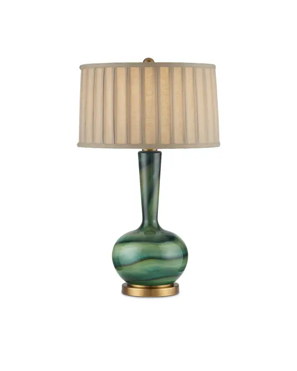 A striking table lamp featuring hand-crafted glass with organic swirling patterns in varying shades of green. The antique brass accents and box-pleated shade create a sophisticated mid-century aesthetic with artisanal character.