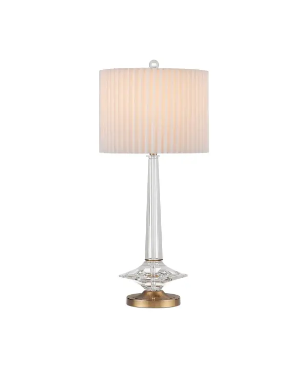 The Anton Table Lamp combines lustrous optic crystal with warm antique brass accents for a refined, transitional aesthetic. Its hexagonal crystal body and knife-pleated shade create visual interest while maintaining versatility across traditional and contemporary interiors.