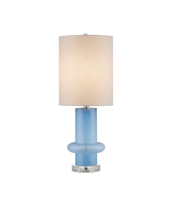 The Aquaviva brings coastal elegance with its vibrant turquoise glass column and optic crystal base. The elongated white linen shade complements the lamp's 27.75-inch height, while polished nickel hardware adds refined contrast.