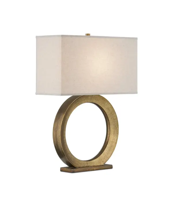 The Cercle Table Lamp brings sophisticated French-inspired design to any space with its distinctive circular cast aluminum frame in dark antique brass. The geometric ring silhouette paired with a clean rectangular shade creates visual interest while maintaining versatility across traditional and contemporary interiors.