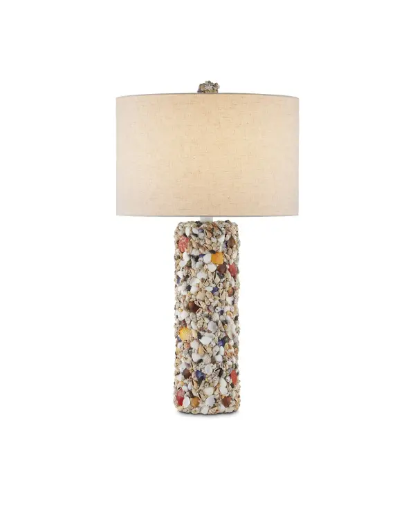 As its name implies, the tall columnar body of the Festoon Table Lamp is adorned with assorted seashells in an array of colors and shapes that have been sprinkled artfully along its surface. The hardware in a sugar white finish matches the palest ark and auger shells, and the ivory drum shade draws out the beige speckles in the tiny scallop shells. A fun detail on this lamp is the shell-encrusted finial. Collection: Festoon Finish: Natural Glass: Light Natural Linen Width: 18.00" Height: 32.50" Weight: 13.00 lb Wire: 6'Silver Number of Bulbs: 1 Maximum Wattage: 150.00 W Bulb Type: A Bulb Base: E26 Voltage: 120.00 V Material: Assorted Shell Country of Origin: Philippines Switch: 3-Way Turn Knob Manufacturer Warranty: Warrants products for 1 yr against defects in materials & workmanship