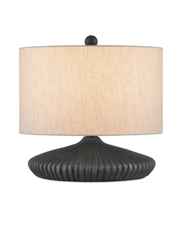 The Mythmaker brings sculptural presence with its distinctive squashed circular terracotta body finished in black granite. The oversized natural linen shade balances the flat, modern silhouette while the textured finish adds depth and character.