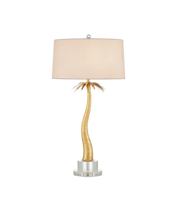 The Mazari brings tropical elegance with a stylized palm-tree silhouette in shimmering gold leaf. Its optic crystal base and off-white linen shade balance the bold metallic body, creating a statement piece that works in both traditional and modern settings.
