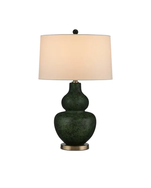 The Kinnaird brings traditional elegance with an artisanal twist through its hand-applied moss green splatter glaze on a classic double-gourd ceramic body. The antique brass accents and quality construction make it a sophisticated accent piece.