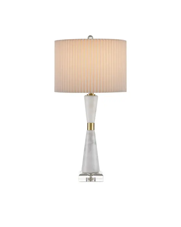 The Edelmar combines luxurious white marble with warm brass accents and a crystal base for a refined contemporary look. The knife-pleated off-white shade adds textural interest while the optic crystal elements provide subtle sparkle.