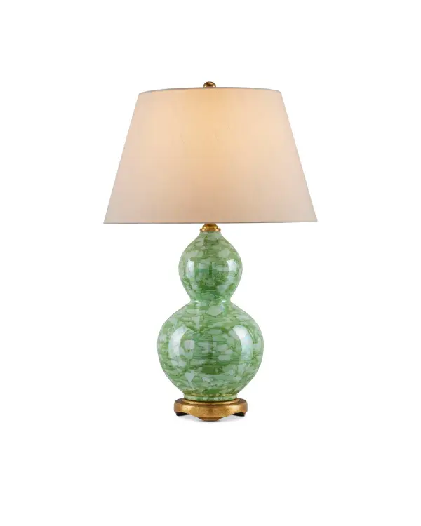 A sophisticated table lamp featuring pale green porcelain with cloud-like surface patterns and textured antique gold accents. The double-gourd silhouette brings classical elegance while the color palette adds subtle personality to traditional and transitional interiors.