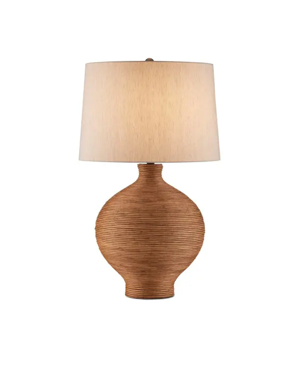 The Susel Table Lamp showcases exceptional artisan craftsmanship with seamlessly wrapped rattan strips creating a uniform linear texture on a contemporary ginger jar silhouette. The natural material warmth pairs beautifully with the textured linen shade and antique brass accents.