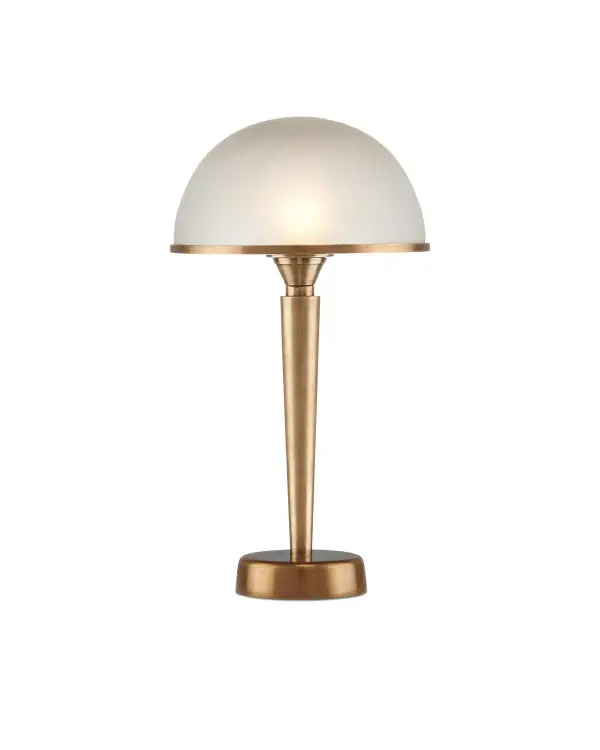 A timeless Art Deco-inspired table lamp that brings 1920s elegance to contemporary spaces. The warm antique brass finish and frosted glass shade create soft, ambient lighting perfect for reading or accent illumination.