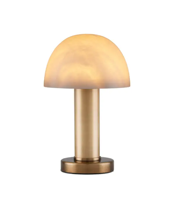 A sophisticated miniature table lamp that punches above its weight class. The brass-finished stainless steel base paired with a pure alabaster dome creates a luxurious contrast that transforms when illuminated, casting a warm golden glow throughout the room.