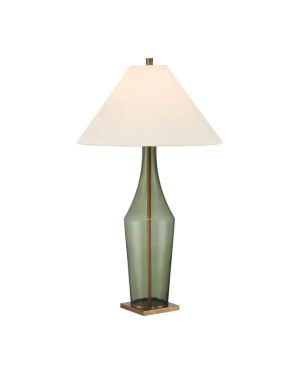 A sophisticated 33.5-inch table lamp featuring transparent green glass body with antique brass accents. The tall, slender bottle silhouette creates visual interest while the warm green hue adds color without overwhelming. Versatile 3-way switch and generous 150W capacity provide flexible lighting options.