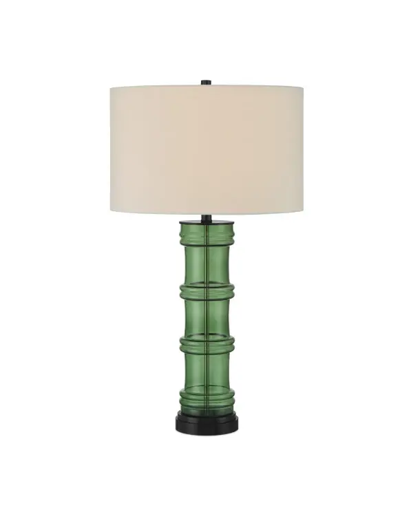 The Balsam Green Table Lamp reinterprets classic Chinoiserie with a modern edge. Its bamboo-inspired silhouette is crafted from richly colored glass, offering a fresh, sculptural take on a timeless form. Glossy black hardware accentuates the lamp's clean lines, while a black optic crystal base adds depth and contrast beneath the green body. A drum shade is secured by a coordinating black finial. Collection: Balsam Finish: Green/Glossy Black Glass: Gray Birch Polyester/Hardback/Rolled Edge Width: 18.00" Height: 32.00" Weight: 10.00 lb Wire: 6'Clear Silver Number of Bulbs: 1 Maximum Wattage: 150.00 W Bulb Type: A Bulb Base: E26 Voltage: 120.00 V Material: Glass / Optic Crystal Country of Origin: China Switch: 3-Way Turn Knob Manufacturer Warranty: Warrants products for 1 yr against defects in materials & workmanship