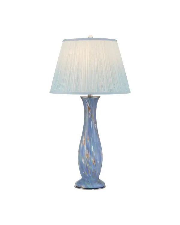 A stunning statement piece featuring hand-crafted glass with swirling blue, white, and copper tones. The intricate marbling technique creates a unique Easter-egg effect, while the ombré shade adds sophisticated color gradation. Inspired by 1920s French glassmaking.